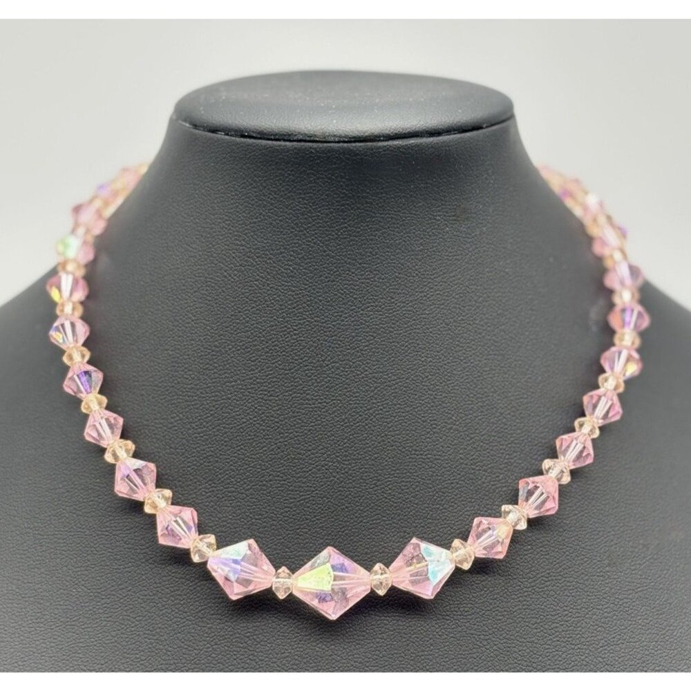 Vintage Crystal or Glass Pink Aurora Borealis Bi-Cone Single Strand Choker 1950s